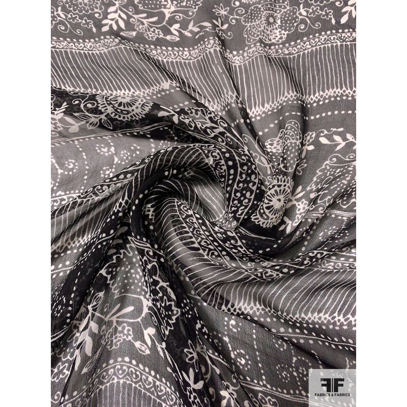 Linear Design Printed Silk Chiffon – Black / Off-White Fabric by the Yard