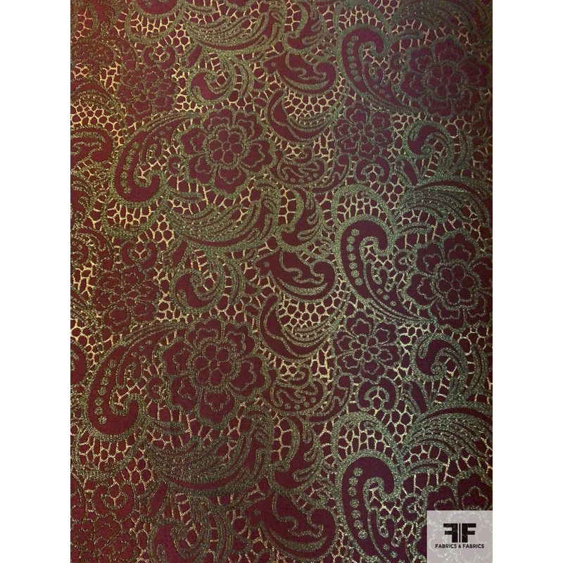 Reversible Paisley Floral Metallic Brocade – Cranberry / Antique Gold Fabric by the Yard