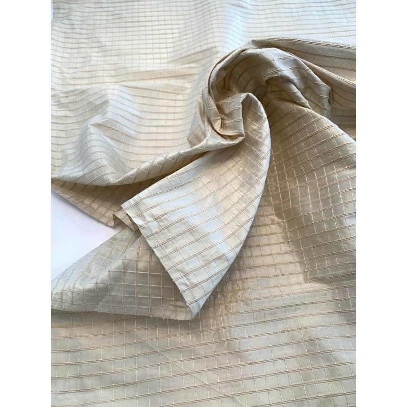 Woven Textured Windowpane Silk Taffeta – Cream / Beige Fabric by the Yard
