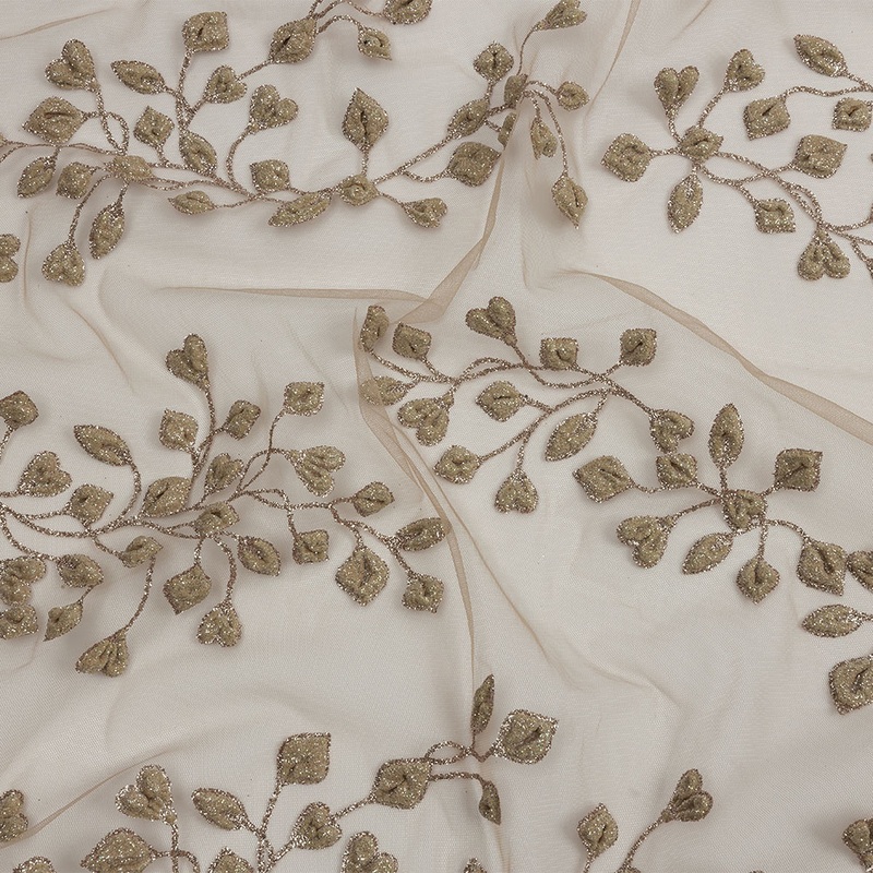 3D Puffy Glitter Tulle – Taupe Leafy Vines and Scalloped Borders