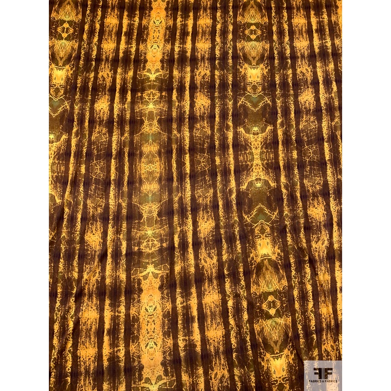 Demonic Inspired Printed Silk Jersey Knit – Golden Yellow / Dark Brown / Green / Purple Fabric by the Yard