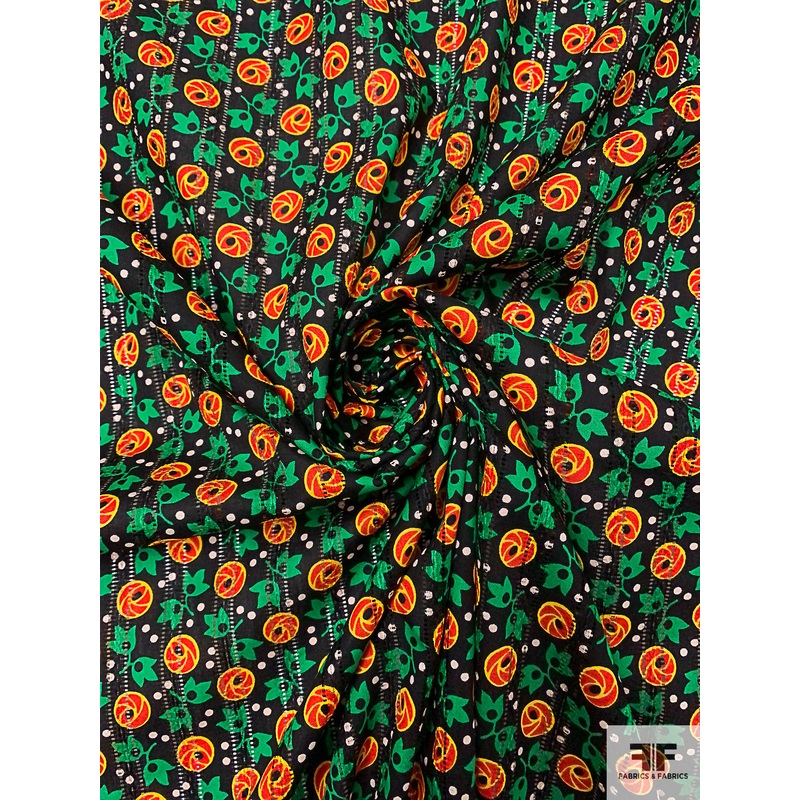 Ditsy Leaf and Buds Printed Pointelle Cotton Lawn – Black / Green / Hot Red / Yellow Fabric by the Yard