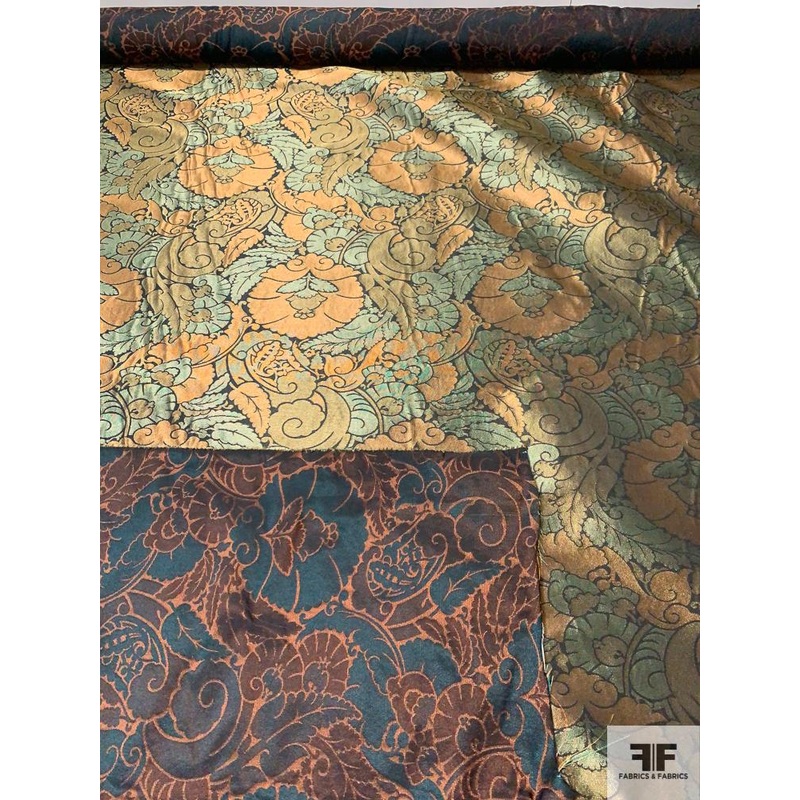 Double-Sided Metallic Ornate Regal Brocade – Dark Teal / Copper / Bronze / Gold / Black Fabric by the Yard