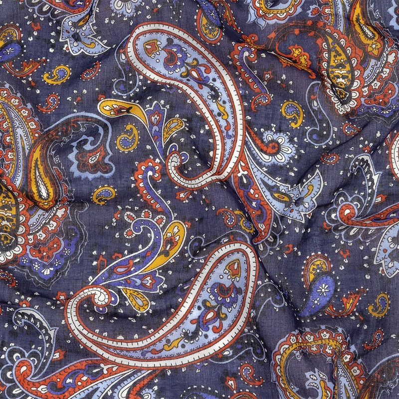 Gauzy Cotton Voile – Navy, Pompeian Red and Goldenrod Paisley – Deadstock