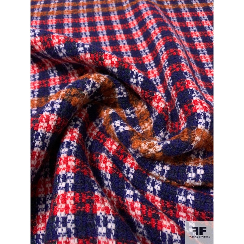Italian Basketweave Plaid Lightweight Wool Coating – Royal / Red / Caramel / White Fabric by the Yard