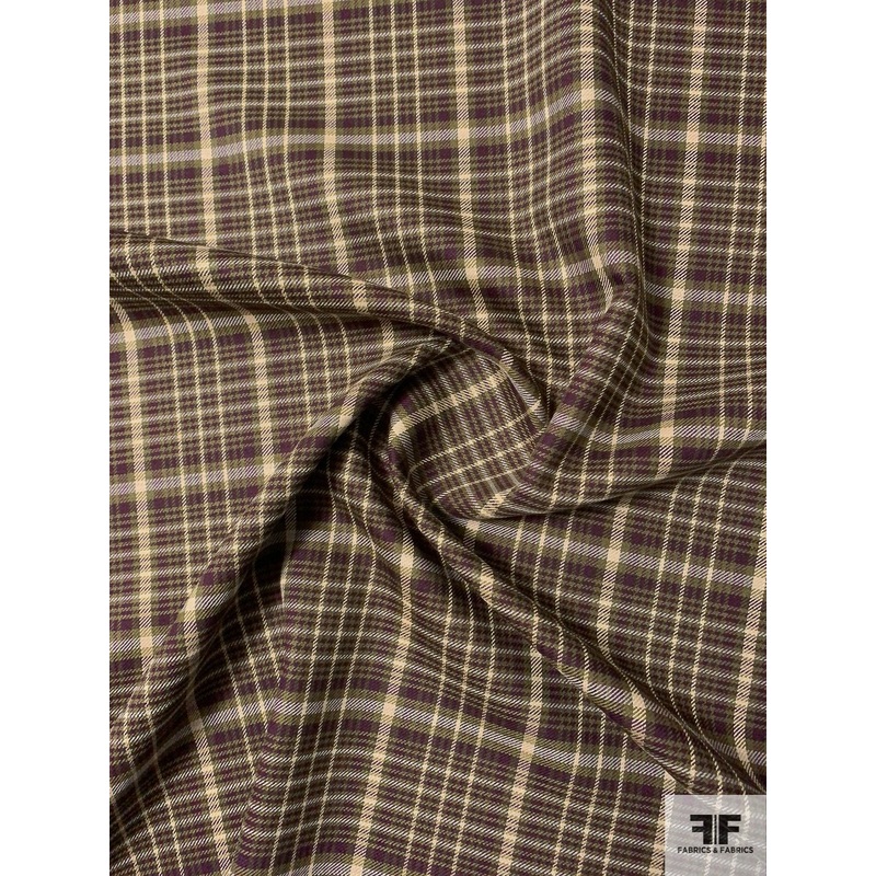 Italian Double-Faced 2-Ply Plaid Stretch Wool Blend Suiting – Army Green / Grape Purple / Beige Fabric by the Yard