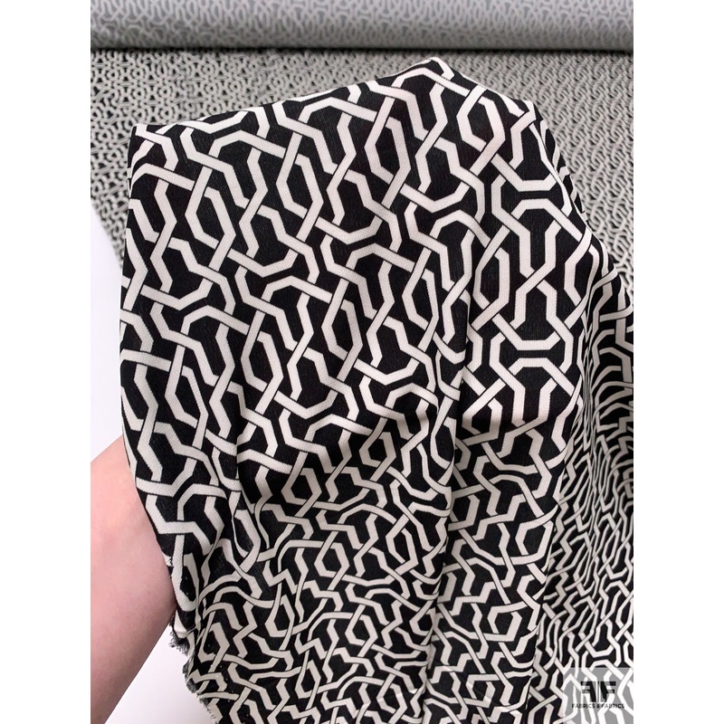 Italian Geometric Lattice Printed Matte Jersey – Black / Off-White Fabric by the Yard