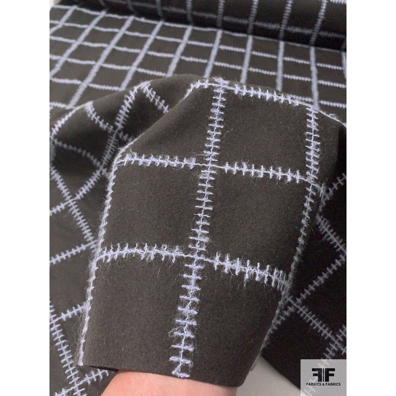 Italian Jacket Weight Wool with Stitching in Grid Pattern – Darkest Brown / Muted Lilac Fabric by the Yard