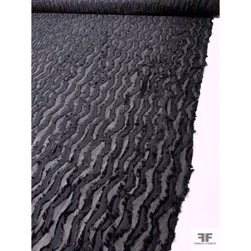 Italian Wavy Striped Eyelash Burnout Silk Chiffon – Black Fabric by the Yard