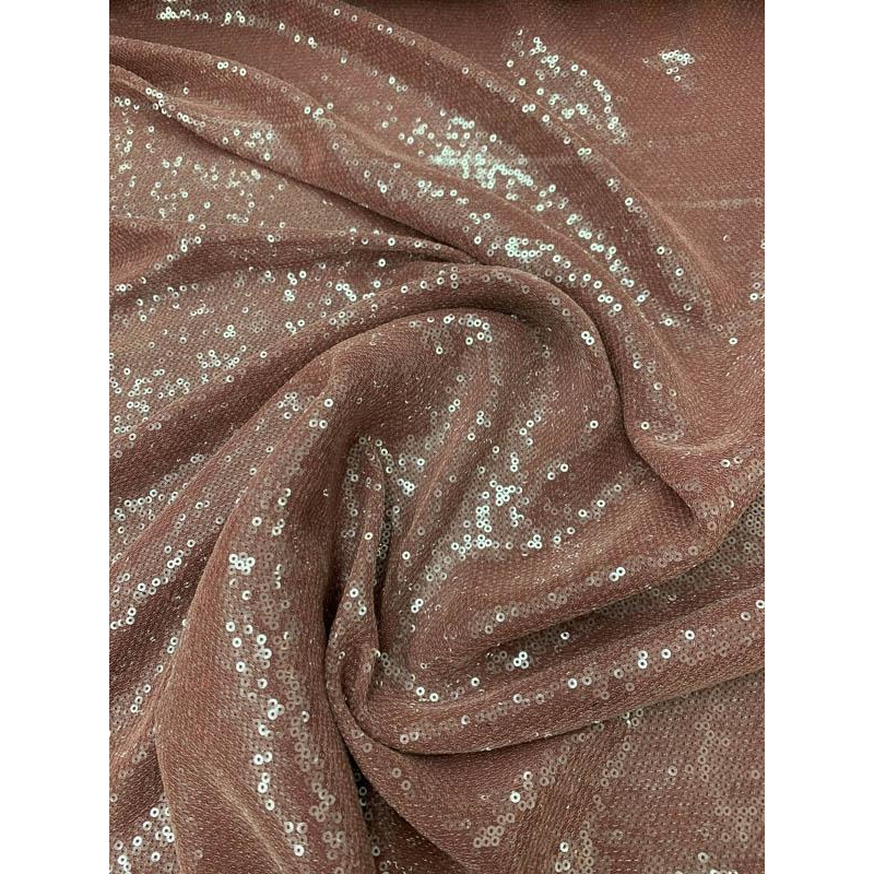 J Mendel Clear Small Sequins on Poly Chiffon – Brick Rose Fabric by the Yard