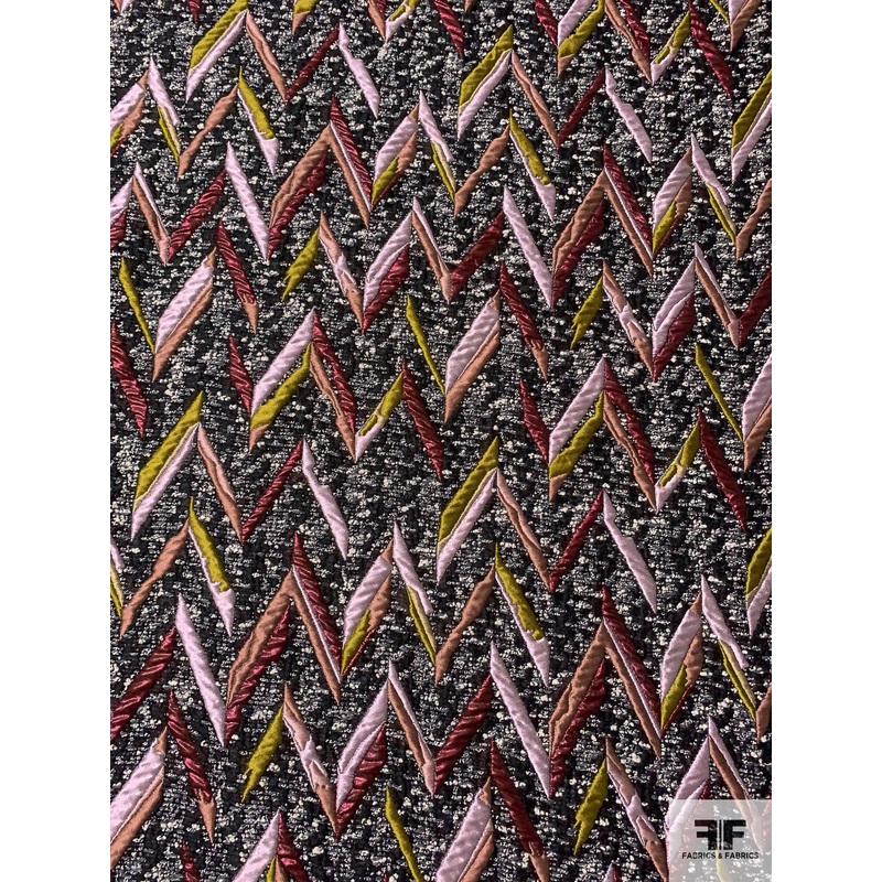 J Mendel French Hurel Chevron-Like Jacket Weight Brocade Tweed – Ice Pink / Olive-Chartreuse / Metallic Magenta / Black / Light Ivory Fabric by the Yard