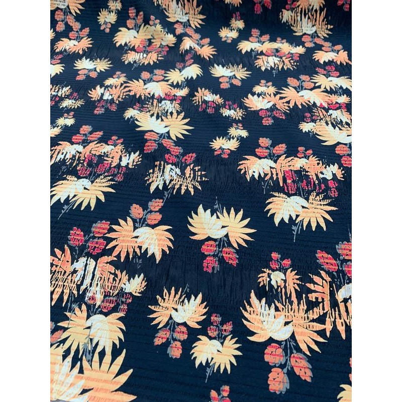 Ruched Striped Floral Stretch Printed Silk Crepe de Chine – Orange / Black Fabric by the Yard