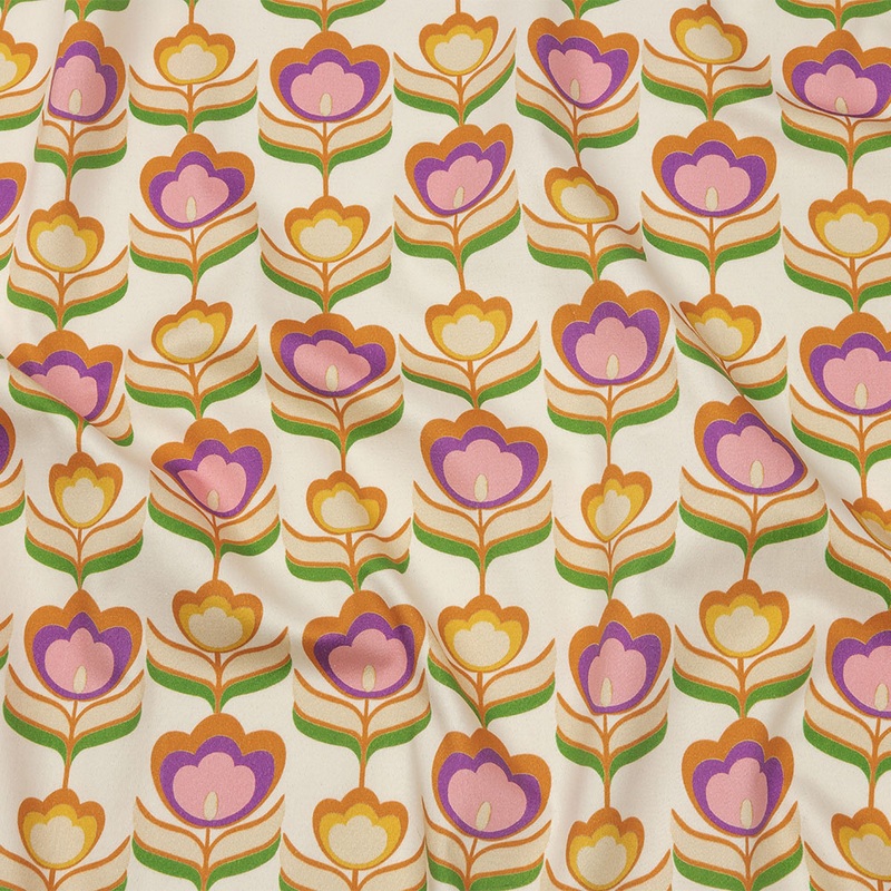 Stretch Cotton Sateen – Ivory, Pink and Yellow Floral – Tulip Twist Print – Mood Exclusive Groove Collection