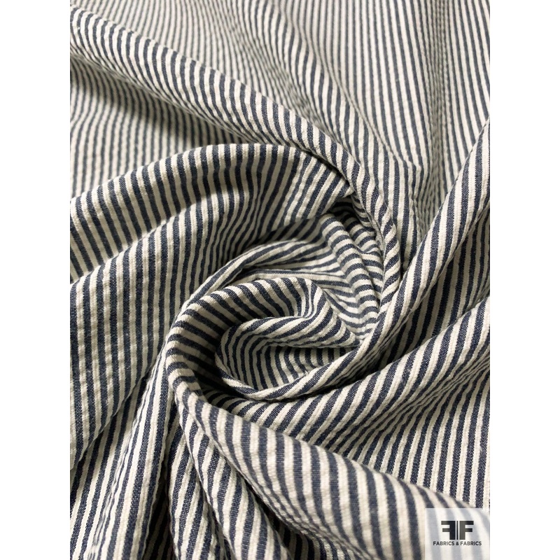 Textured Vertical Striped Seersucker Cotton Shirting – Navy / Off-White Fabric by the Yard