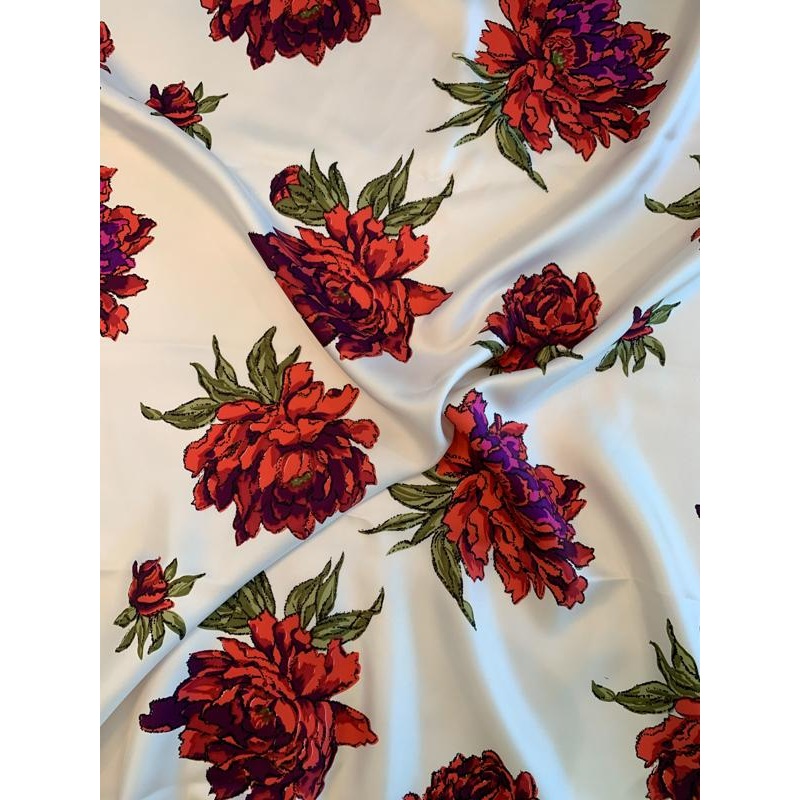 Valiant Floral Printed Fine Silk Twill – Coral / Magenta / Olive / Off-White Fabric by the Yard