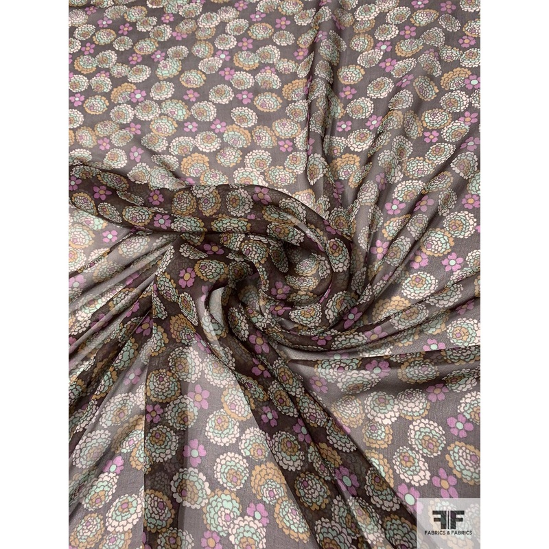 Budding Floral Printed Silk Chiffon – Dark Brown / Orchid / Off-White / Seafoam Fabric by the Yard