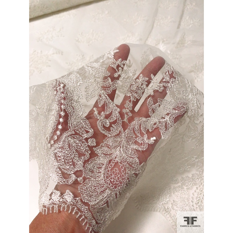 Floral Double-Scalloped Fine Embroidered Tulle – Silk White Fabric by the Yard