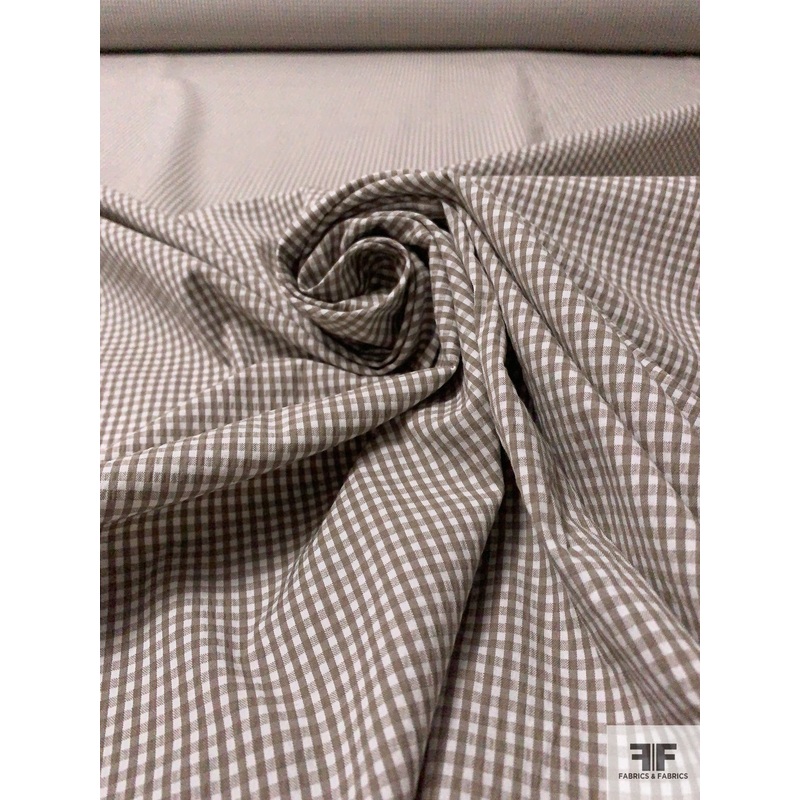 Gingham Check Seersucker Yarn-Dyed Cotton Shirting – Olive-Grey / White Fabric by the Yard