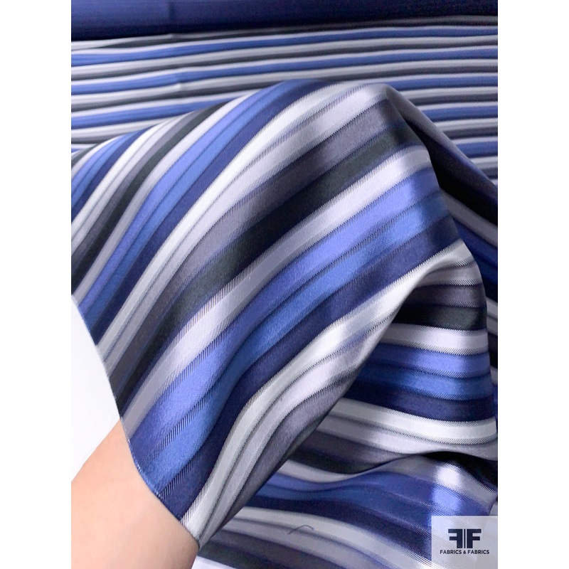 Horizontal Striped Silk Necktie Jacquard Brocade – Blues / Greys Fabric by the Yard