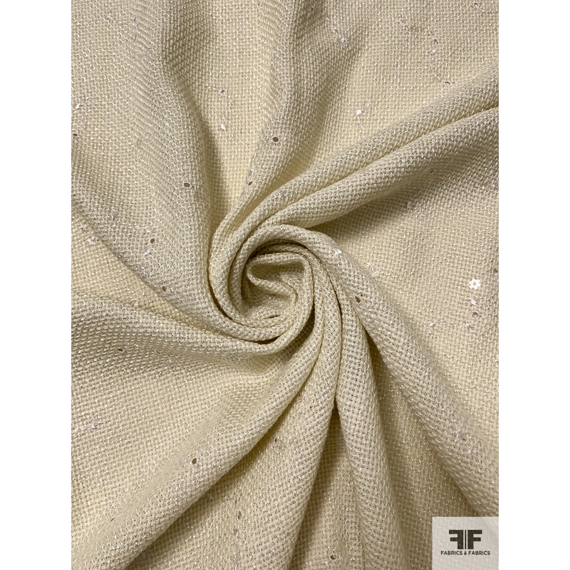Italian Basketweave Suiting with Eyelet Embroidery and Sequins – Cream Fabric by the Yard