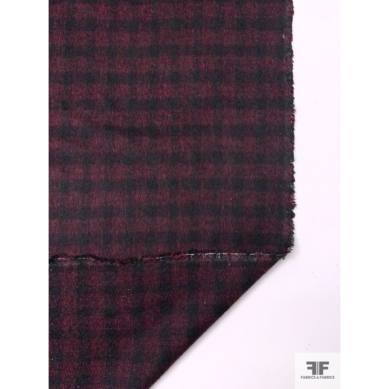 Italian Gingham Check Brushed Plaid Wool Jacket Weight – Dusty Cranberry / Black Fabric by the Yard