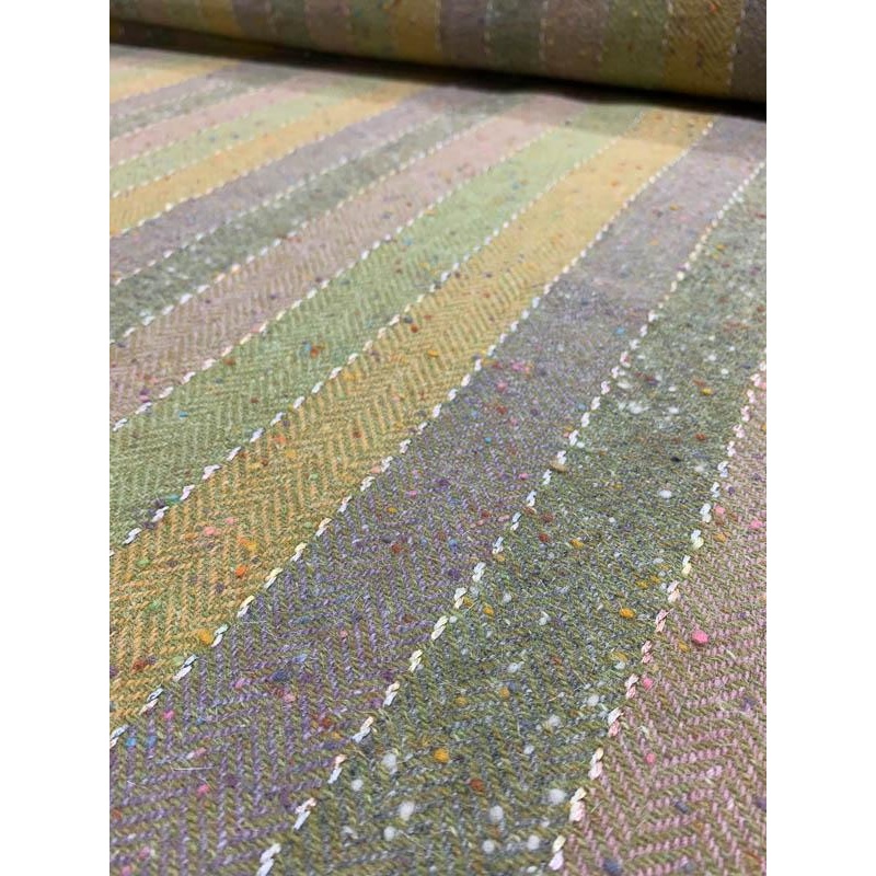 Italian Novelty Speckled Herringbone with Striped Stitching Wool Suiting – Green / Grey / Multicolor Fabric by the Yard