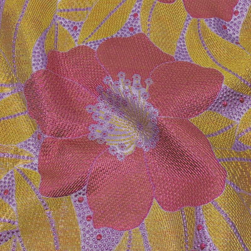 Metallic Purple, Pink and Yellow Tropical Flowers Luxury Brocade