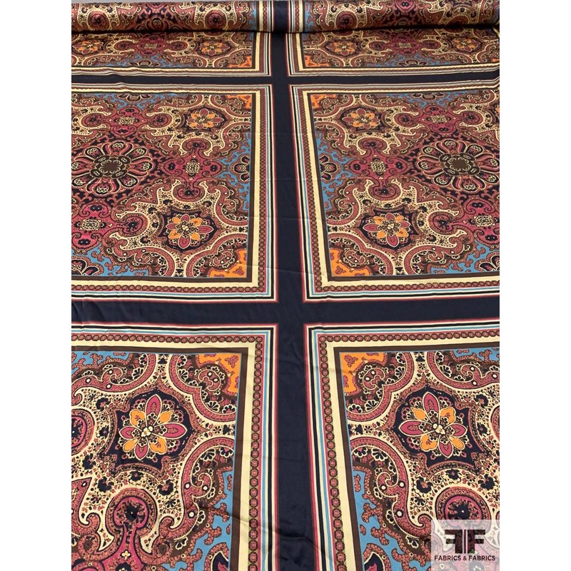 Oriental Design Printed Stretch Silk Charmeuse Panel – Multicolor Fabric by the Panel