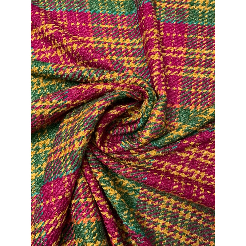 Plaid Soft Cotton-Rayon Tweed – Magenta / Amber / Green Fabric by the Yard
