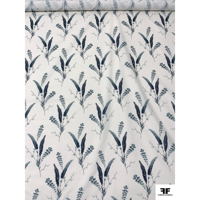 Stalk Floral Printed Fine Cotton Lawn – White / Dusty Seafoam / Midnight Teal Fabric by the Yard