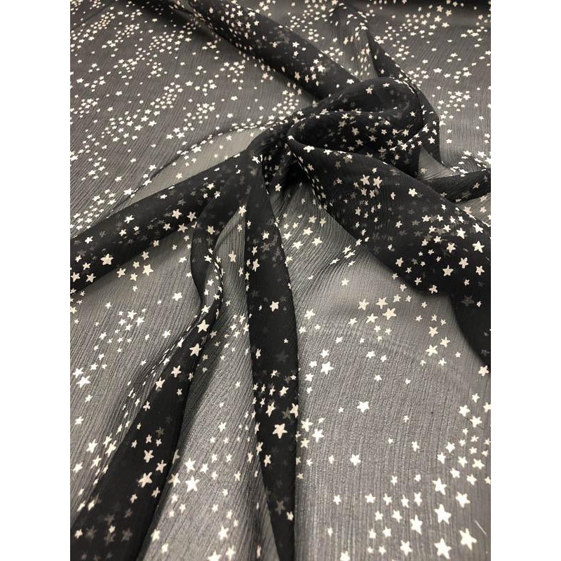 Stars Printed Crinkled Silk Chiffon – Black / Off-White Fabric by the Yard