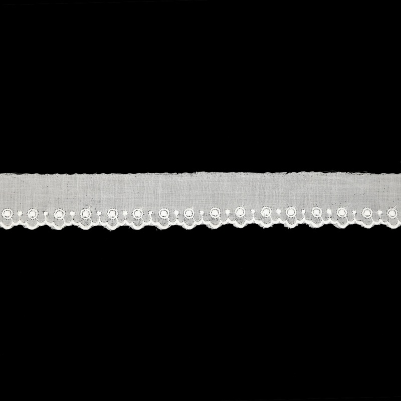 White Single-Row Dots Cotton Embroidered Lace Trim with Finished Scalloped Edge – 1.125″