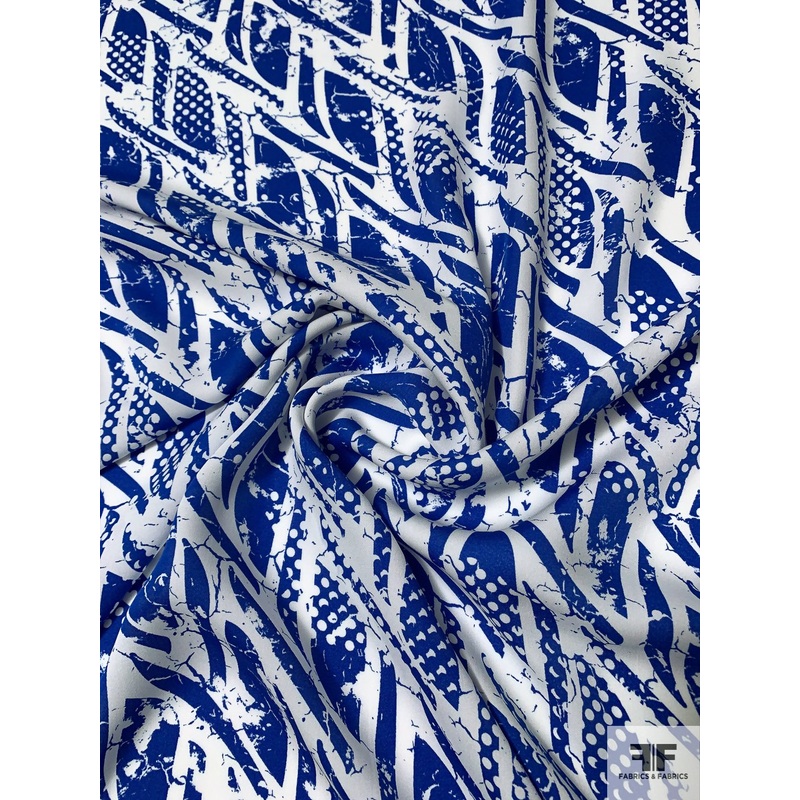 Abstract Diagonal Linear Design Printed Silk Georgette – Royal Blue / White Fabric by the Yard