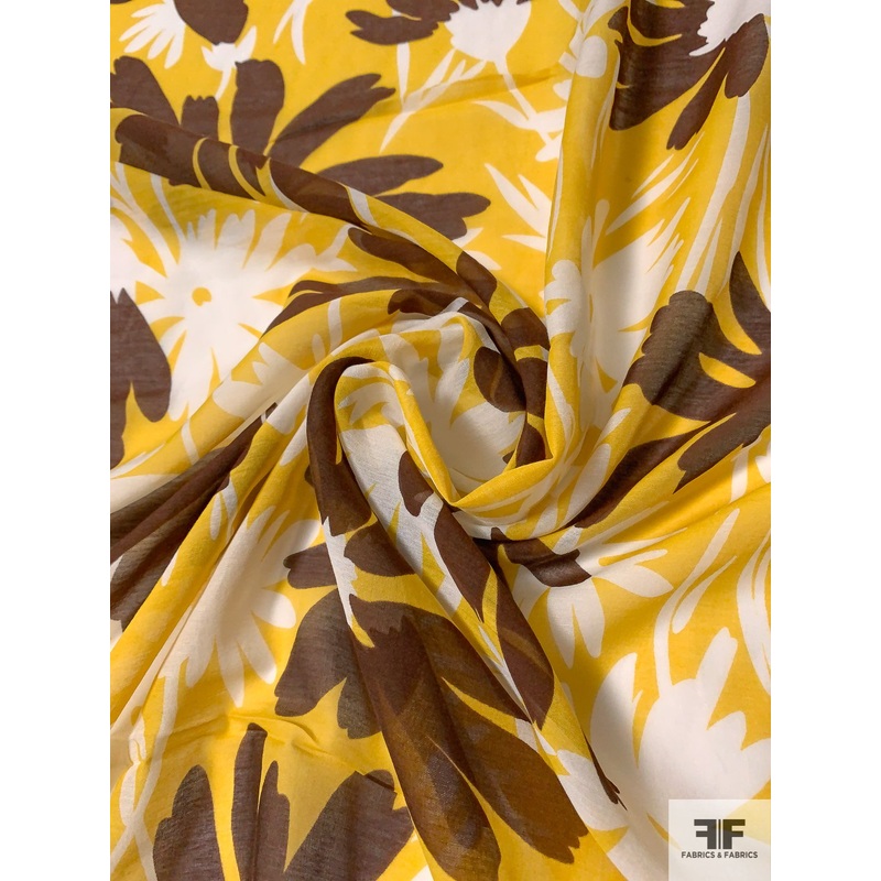 Animated Floral Silhouette Printed Cotton and Silk Voile – Yellow / Brown / White Fabric by the Yard