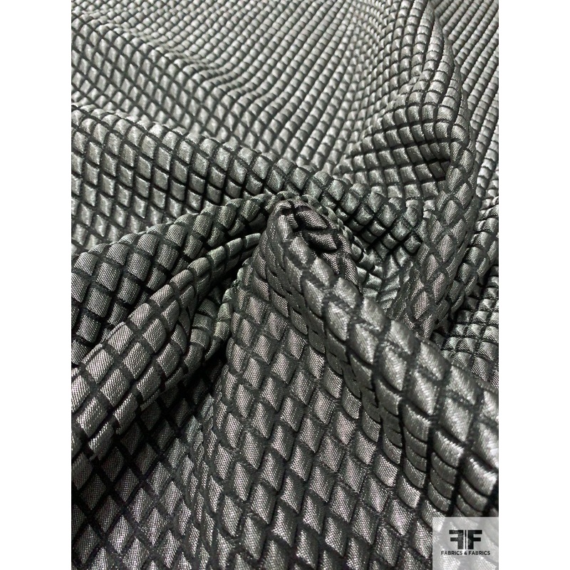 Crosshatch Pattern Quilt-Like Metallic Brocade – Dark Metallic Grey / Black Fabric by the Yard