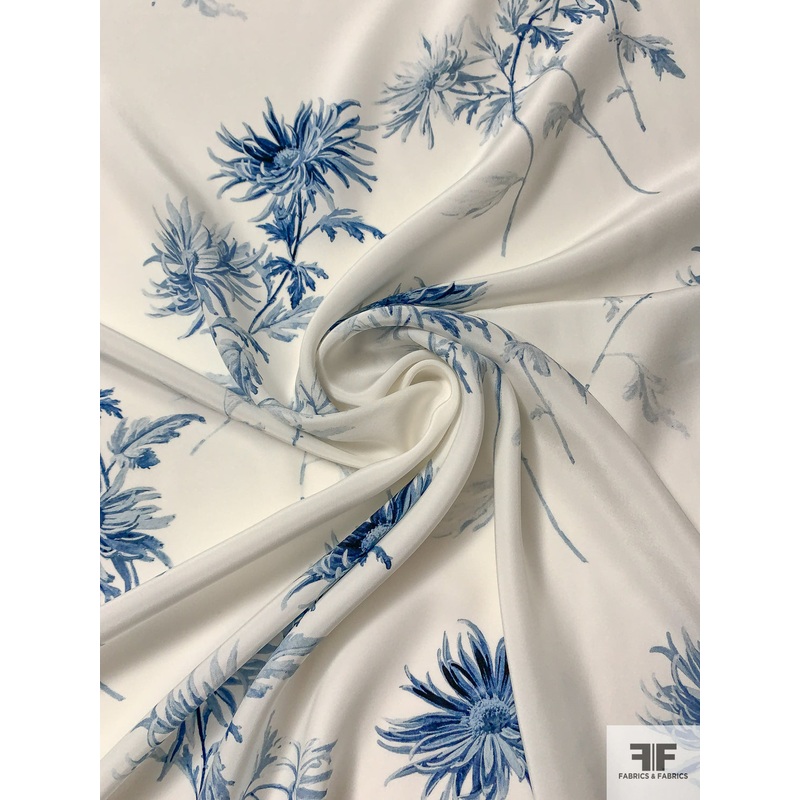 Ethereal Floral Matte-Side Printed Silk Charmeuse – Off-White / Blue Fabric by the Yard