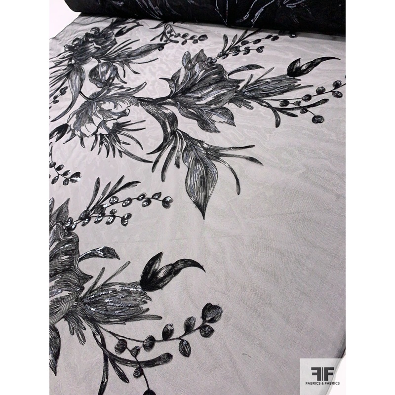 Exquisite Large-Scale Floral Embroidered Tulle with Sequins – Black Fabric by the Yard