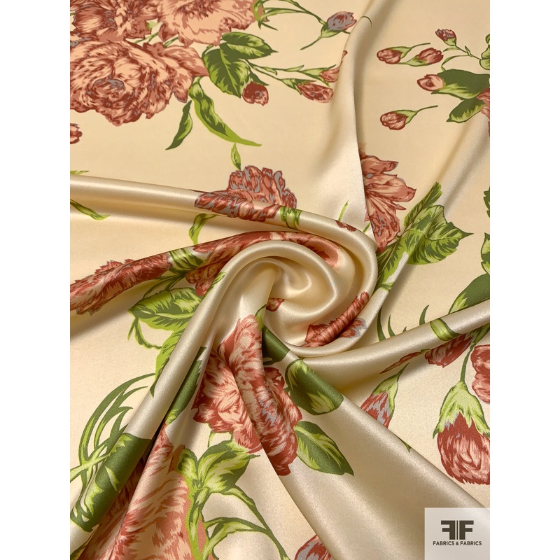 Floral Bouquet Printed Silk Charmeuse – Brick / Greens / Cream Fabric by the Yard