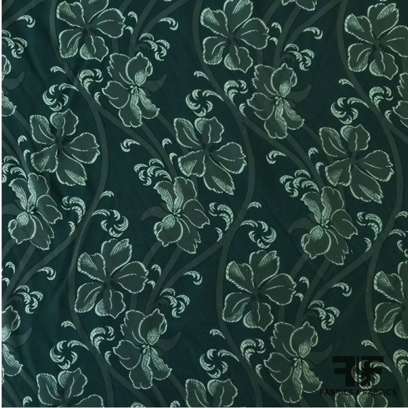 Floral Washed Crepe de Chine – Green / Teal Fabric by the Yard