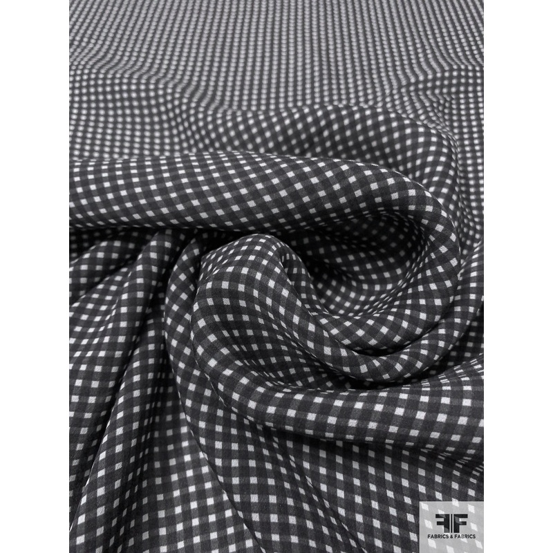 Gingham Check Printed Silk Georgette – Black / Off-White Fabric by the Yard