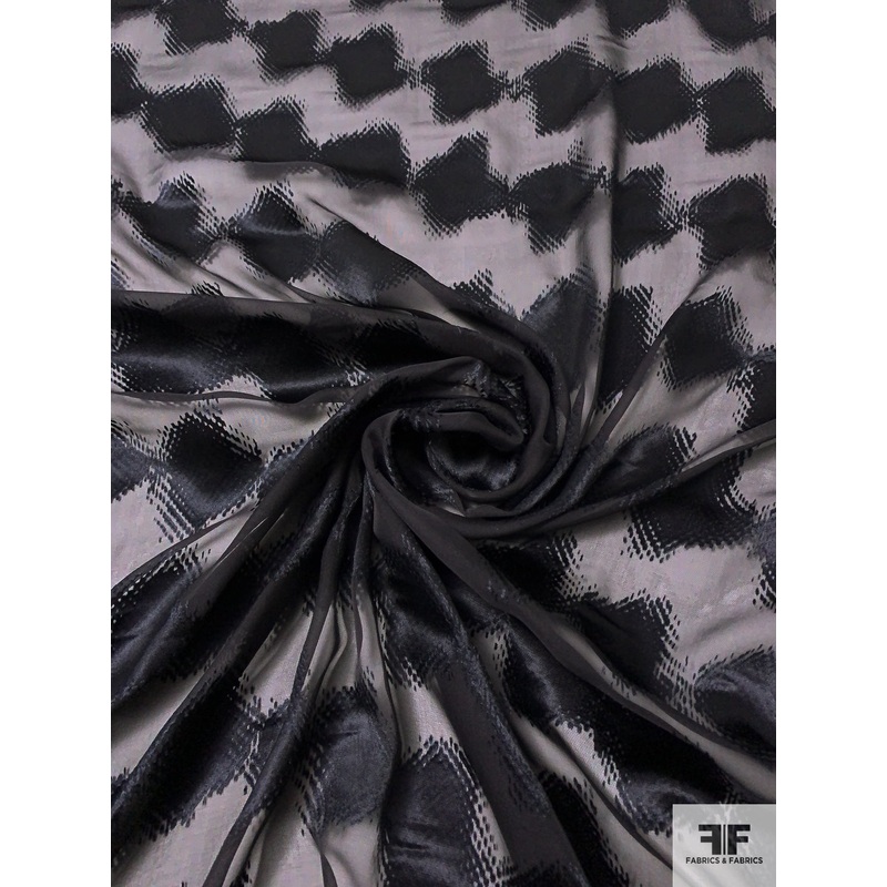 Italian Hazy Geometric Satin Burnout Silk Chiffon – Black Fabric by the Yard