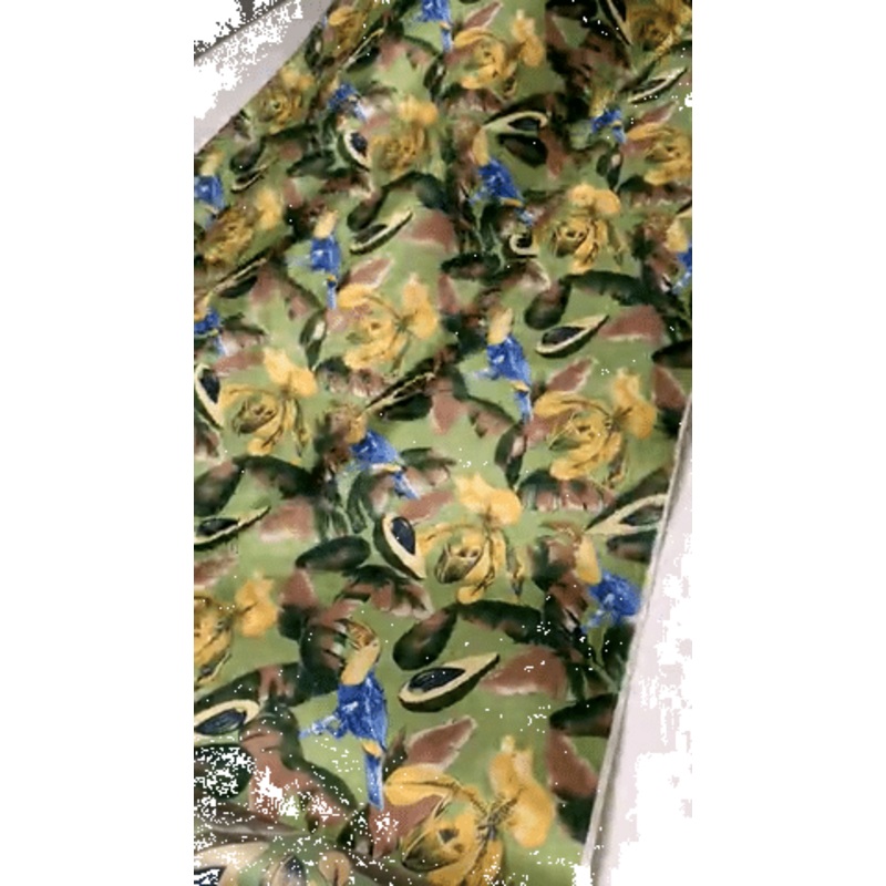 Italian Tropical Parrots and Avocados Printed Fine Silk Twill – Lime / Forest Green / Yellow / Tan Fabric by the Yard