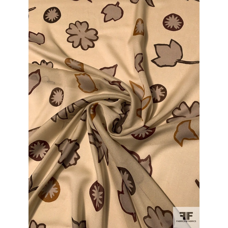 Leaf Drawings Printed Silk Georgette – Sand / Saddle / Grey / Brown Fabric by the Yard