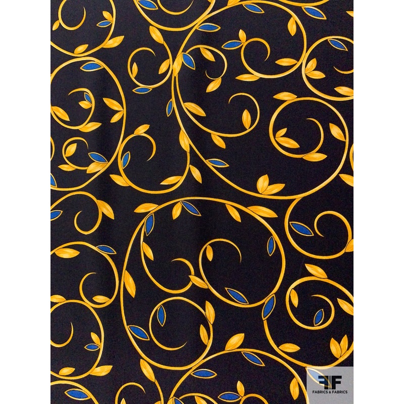Ornate Leaf Stems Printed Silk Crepe de Chine – Black / Antique Gold / Royal Blue Fabric by the Yard
