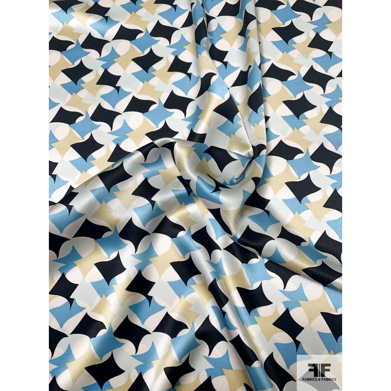 Shuriken Inspired Printed Silk Charmeuse – Blue / Light Blue / Black / Khaki-Cream Fabric by the Yard