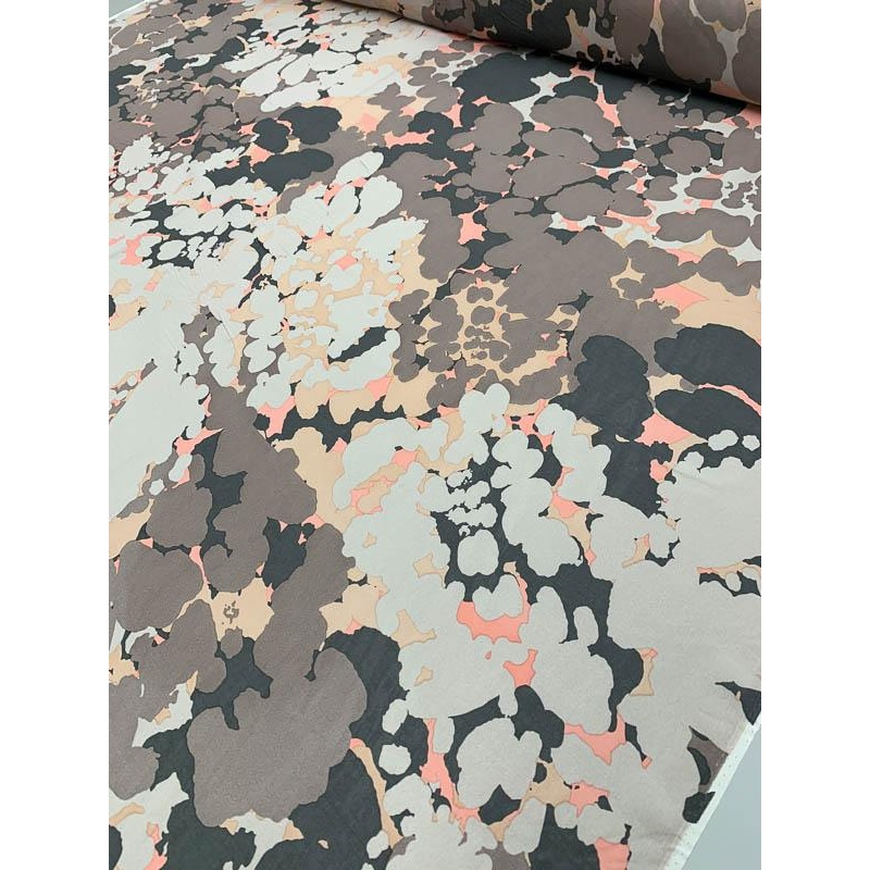 Splatter Printed with Thin Stripe Lines Heavy Silk Chiffon – Salmon / Taupe / Washed Black Fabric by the Yard
