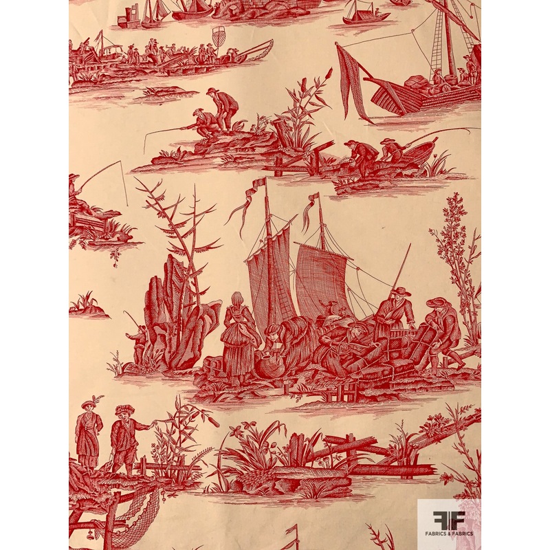 Toile Printed Heavy Cotton Lawn – Brick Red / Light Eggnog Fabric by the Yard