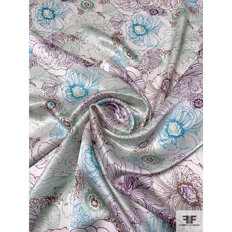 Floral Sketch Printed Silk Charmeuse – Sage / Dusty Purple / Turquoise / Brown Fabric by the Yard