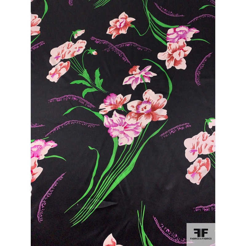 Foreign Floral Printed Silk Charmeuse – Green / Dusty Rose / Orchid Purple / Black Fabric by the Yard