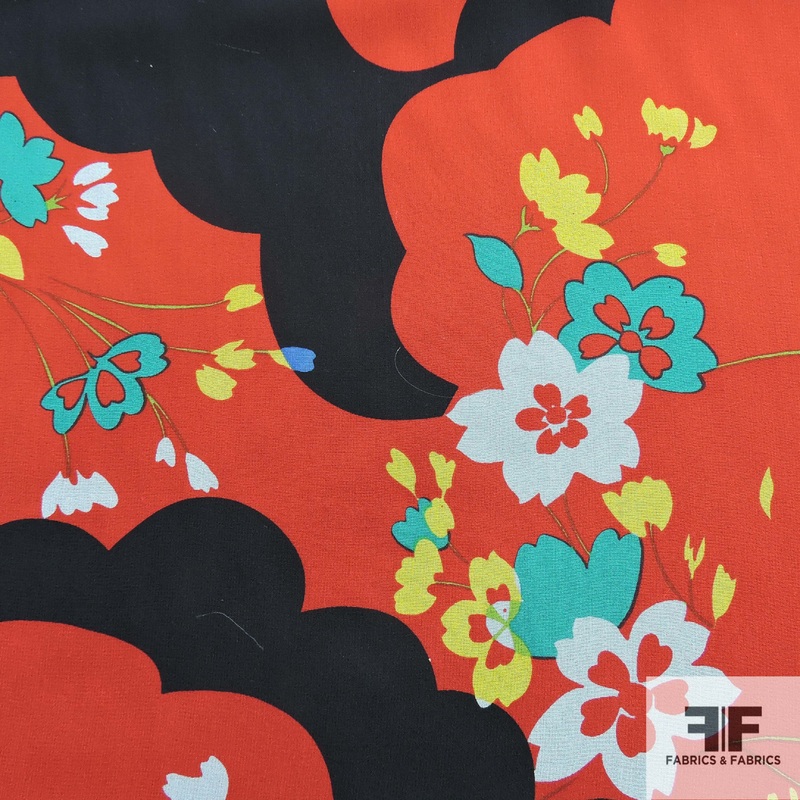 Graphic Floral Printed Silk Chiffon – Red/Black Fabric by the Yard